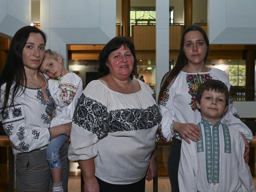 Yaryna Yablonska with daughter Yana Mandziuk, four, mum Oksana Yablonska, sister Yustyna Yablonska and her son Zakharii Hrytsai. Picture: NCA NewsWire / Martin Ollman Picture: NCA NewsWire / Martin Ollman