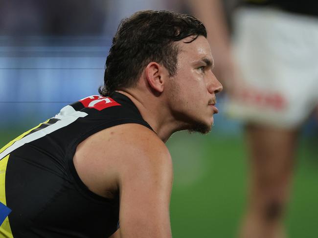 MELBOURNE, AUSTRALIA - AUGUST 03: Daniel Rioli of the Tigers looks dejected after the round 21 AFL match between North Melbourne Kangaroos and Richmond Tigers at Marvel Stadium, on August 03, 2024, in Melbourne, Australia. (Photo by Daniel Pockett/Getty Images)