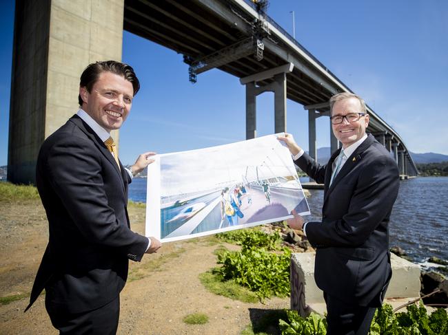 Senator Jonathon Duniam and Tasmanian Minister for Infrastructure and Transport Michael Ferguson discuss the Tasman Bridge upgrade in October 2020. Picture: RICHARD JUPE