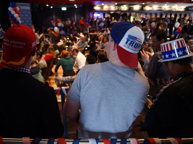 Students and staff at the University of Sydney watch the US Election at the United States Studies Centre election party at the Manning Bar. Picture: Dean Lewins/AAP