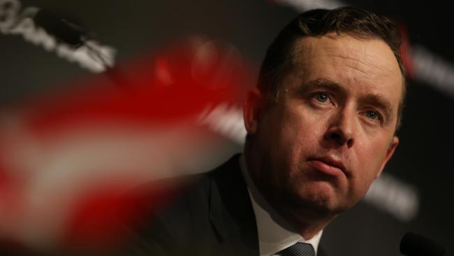 Pictured is Qantas CEO Alan Joyce during a press conference to release the years results at the Qantas offices in Mascot today.