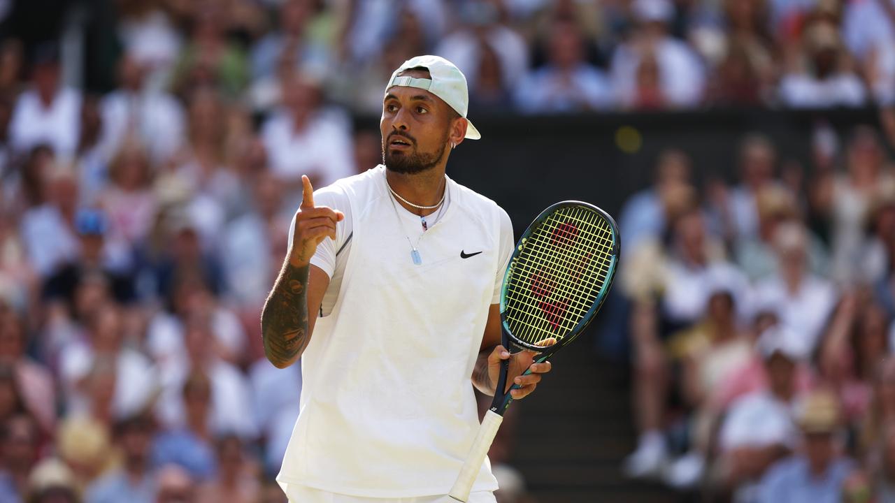 LONDON, ENGLAND - JULY 10: Nick Kyrgios of Australia celebrates a point against Novak Djokovic of Serbia during their Men's Singles Final match on day fourteen of The Championships Wimbledon 2022 at All England Lawn Tennis and Croquet Club on July 10, 2022 in London, England. (Photo by Clive Brunskill/Getty Images)