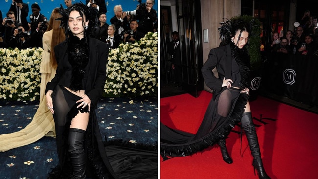 Charli XCX brought the drama in a gothic Ann Demeulemeester look, rocking fierce feathers and unapologetically visible black underwear. Picture: Getty