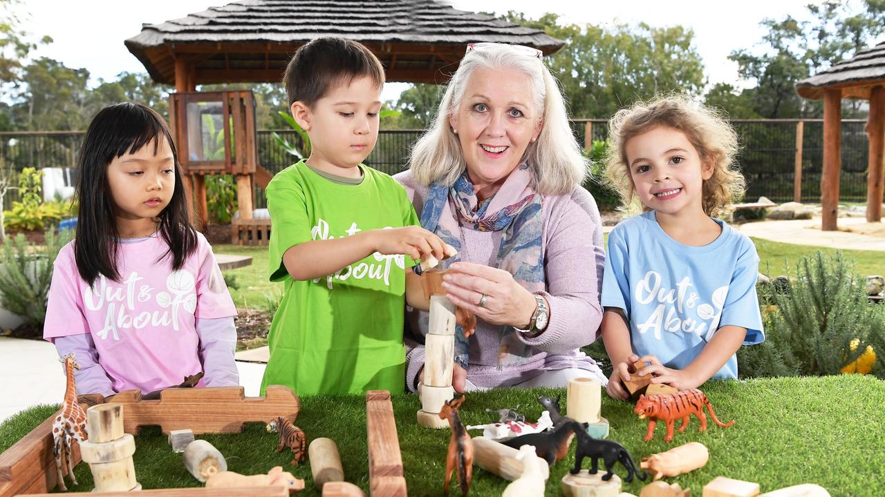 Childcare centres throughout Queensland are struggling with such severe workforce shortages they have been left with no choice but to cap enrolments. Pictured, Celine, Haewon, operator Pam Maclean and Melia at Maroochydore. Photo: Patrick Woods.