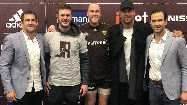 Current and former Hawthorn premiership stars (from left) Luke Hodge, Grant Birchall, Lance Franklin and Jordan Lewis join Jarryd Roughead for his home farewell game. Supplied: Hawthorn FC