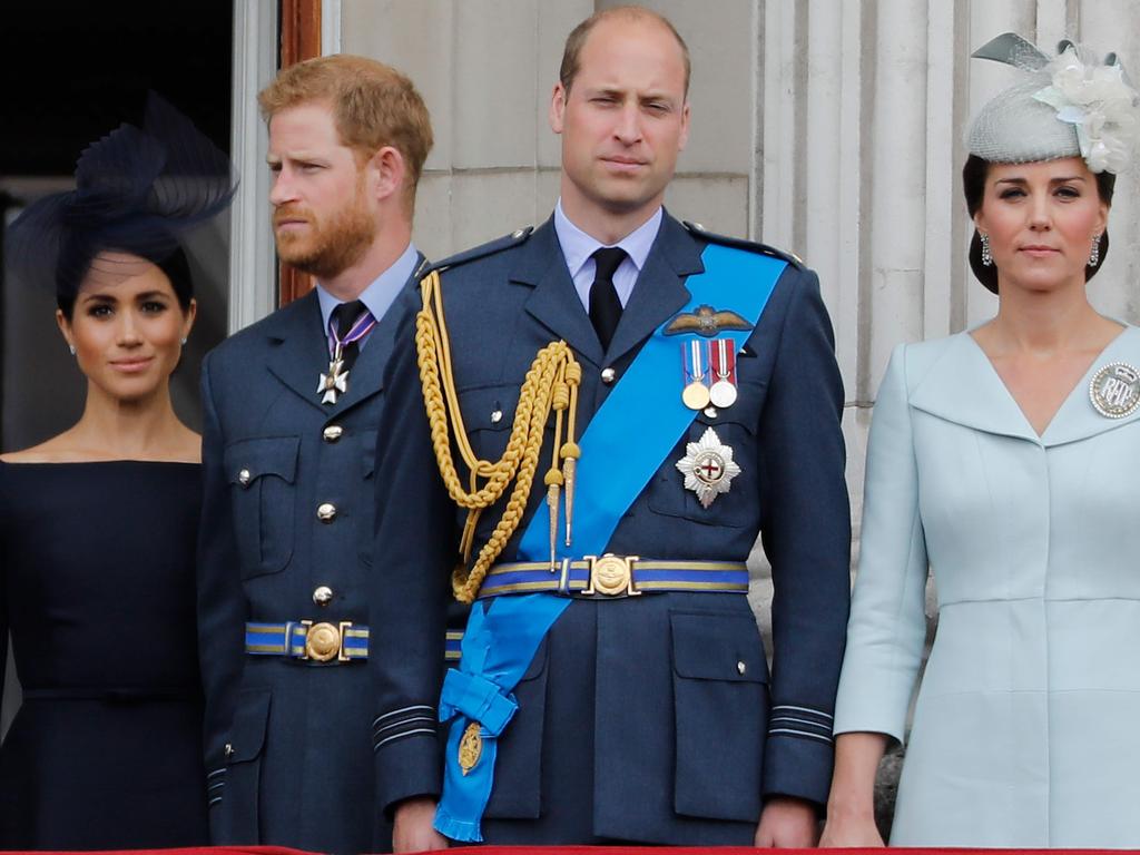 Meghan Markle, Prince Harry, Prince William and Kate Middleton. Picture: AFP