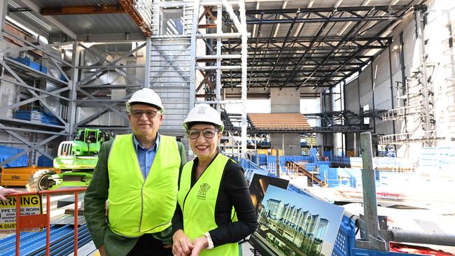 Arts Minister Leeanne Enoch tours construction of the new theatre with QPAC chief executive John Kotzas. Picture: Lyndon Mechielsen