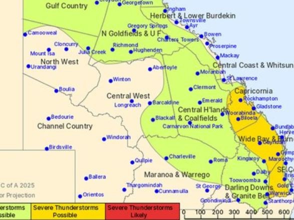 Severe thunderstorms are possible through the Capricornia, Wide Bay, Burnett, and South East Queensland yesterday.