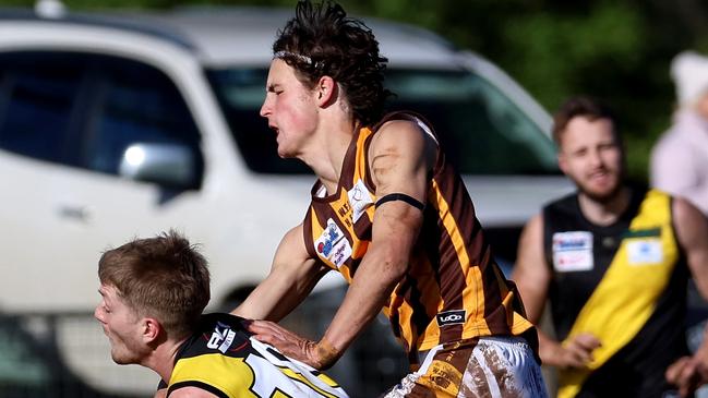 RDFNL: Lancefield v Woodend-Hesket: Ned O'Connell of Lancefield marks under pressure from O Watt of Woodend-Hesket at Lancefield Park on Saturday July 8, 2023 in Lancefield, Australia.Photo: Hamish Blair