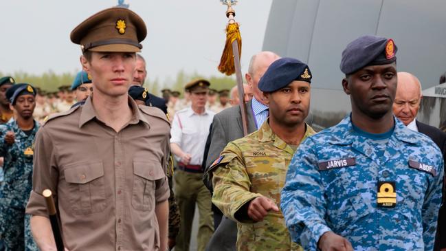 Australia’s Federation Guard member Bombardier Michael Nona marches during a rehearsal for Saturday’s coronation of King Charles.