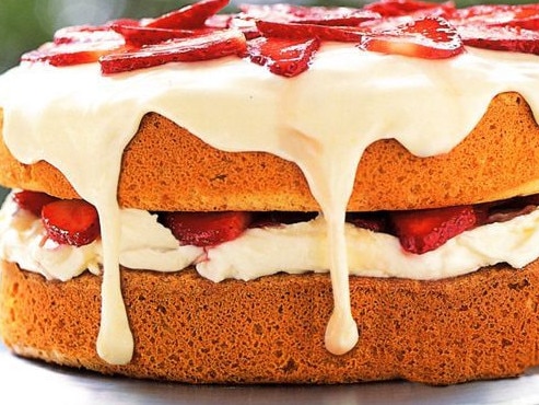 Strawberry sponge with passionfruit icing.