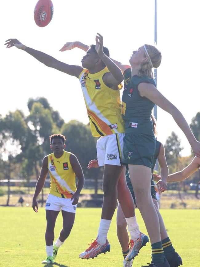 MELBOURNE, AUSTRALIA - MAY 23: Jason Baired of the Thunder and Cameron Owen of Tasmania in action during the NAB League match between Tasmania and Northern Territory at Highgate Reserve on May 23, 2021 in Melbourne, Australia. (Photo by Jonathan DiMaggio/AFL Photos )