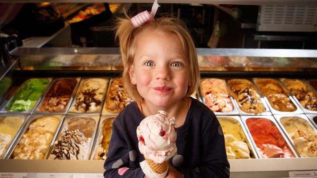 Annie Gobolos, 4, with Gelato at 48 Flavours in Gouger Street. Picture: Matt Turner.