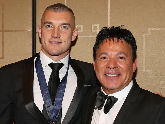 MELBOURNE, AUSTRALIA - SEPTEMBER 25: Dustin Martin of the Tigers poses with his manager Ralph Carr after winning the 2017 Brownlow Medal at the 2017 Brownlow Medal at Crown Entertainment Complex on September 25, 2017 in Melbourne, Australia.  (Photo by Scott Barbour/Getty Images)