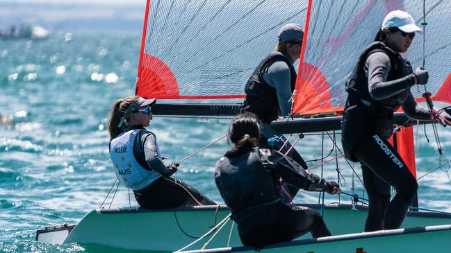 Zoe Dransfield and Madeleine Mcleay, back, racing at the Australian Youth championships. Pic: Beau Outteridge