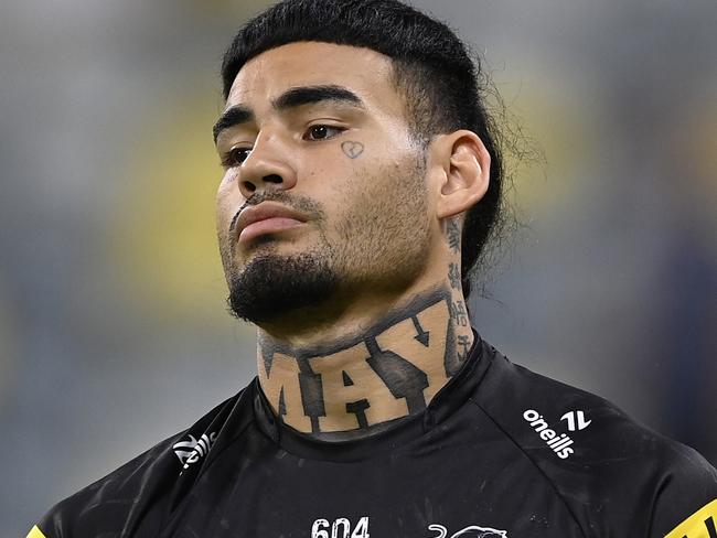 TOWNSVILLE, AUSTRALIA - APRIL 27: Taylan May of the Panthers looks on before the start of the round eight NRL match between North Queensland Cowboys and Penrith Panthers at Qld Country Bank Stadium, on April 27, 2024, in Townsville, Australia. (Photo by Ian Hitchcock/Getty Images)