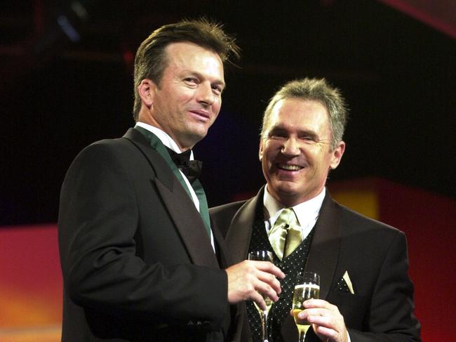 Allan Border toasts Steve Waugh at the 2001 Allan Border Medal. Picture: AAP/Julian Smith