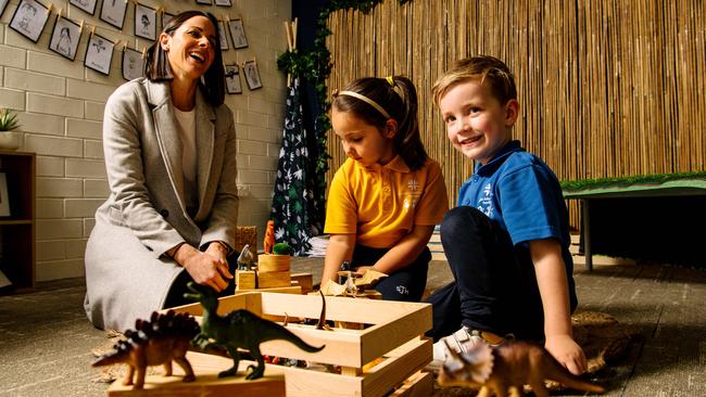 Reception teacher Romina Belperio with future students Stella, 4, and Xavier Morrison, 4. Picture: Morgan Sette