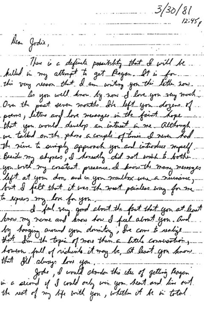 Letter from John Hinckley to Jodie Foster