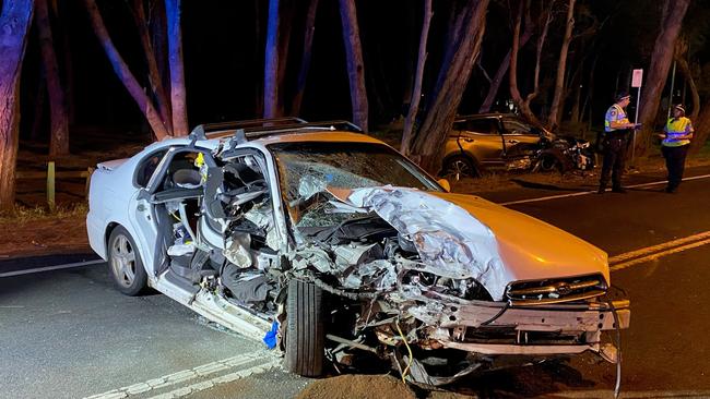 A car involved in a crash on Wakehurst Parkway, North Narrabeen, on Friday night, October 16, 2020. Four people were taken to hospital and the road closed for about two hours. Picture: NSW Fire and Rescue (Narrabeen)