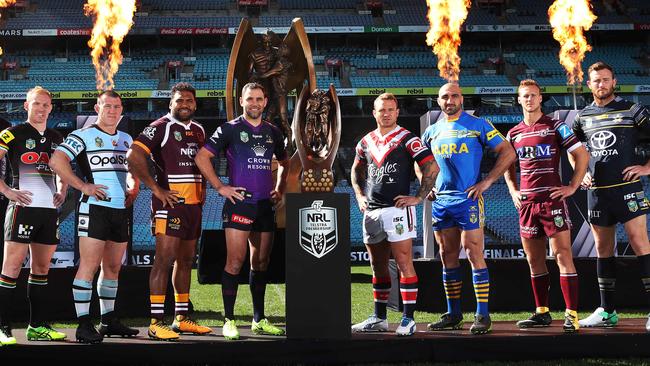 The NRL captains playing finals footy in 2017 lined up to launch the series during the week. Picture. Phil Hillyard