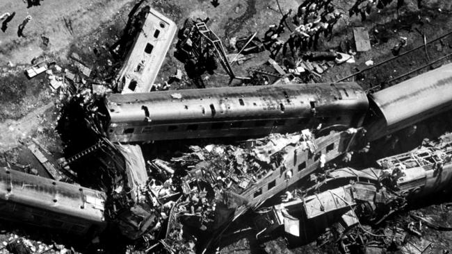 The wreckage after the Southern Aurora collided head on with a goods train at Violet Town in 1969. Photo: HWT Archive