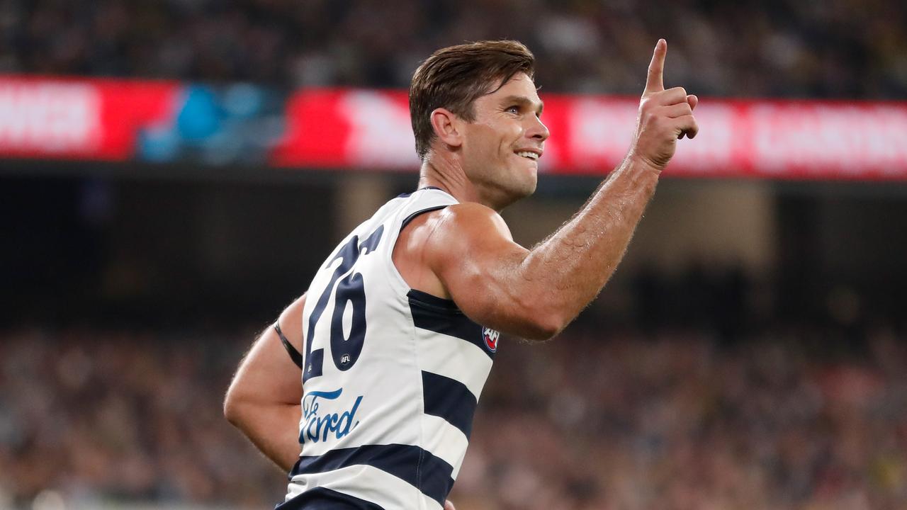 Tom Hawkins celebrates a goal against Richmond. Picture: Getty Images