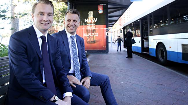 Manly MP James Griffin and Transport Minister Andrew Constance at Manly Wharf. Picture: Adam Yip