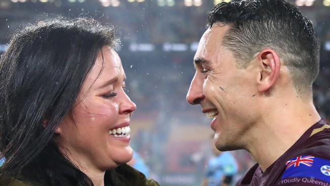 Billy Slater with his wife Nicole celebrates his last match for Queensland. (Photo by Cameron Spencer/Getty Images)