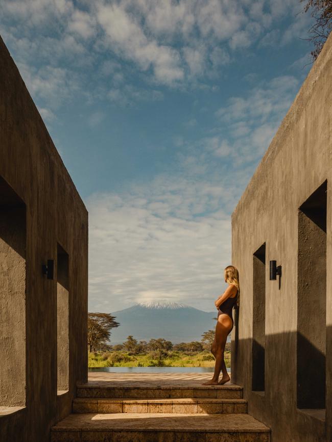 The lodge’s raised rim-flow pool looks out onto Kilimanjaro.