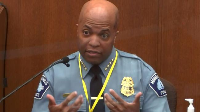 Minneapolis Police Chief Medaria Arradondo answers questions on the sixth day of the trial of former Minneapolis police officer Derek Chauvin for second-degree murder, third-degree murder and second-degree manslaughter in the death of George Floyd. Picture: Pool via Reuters