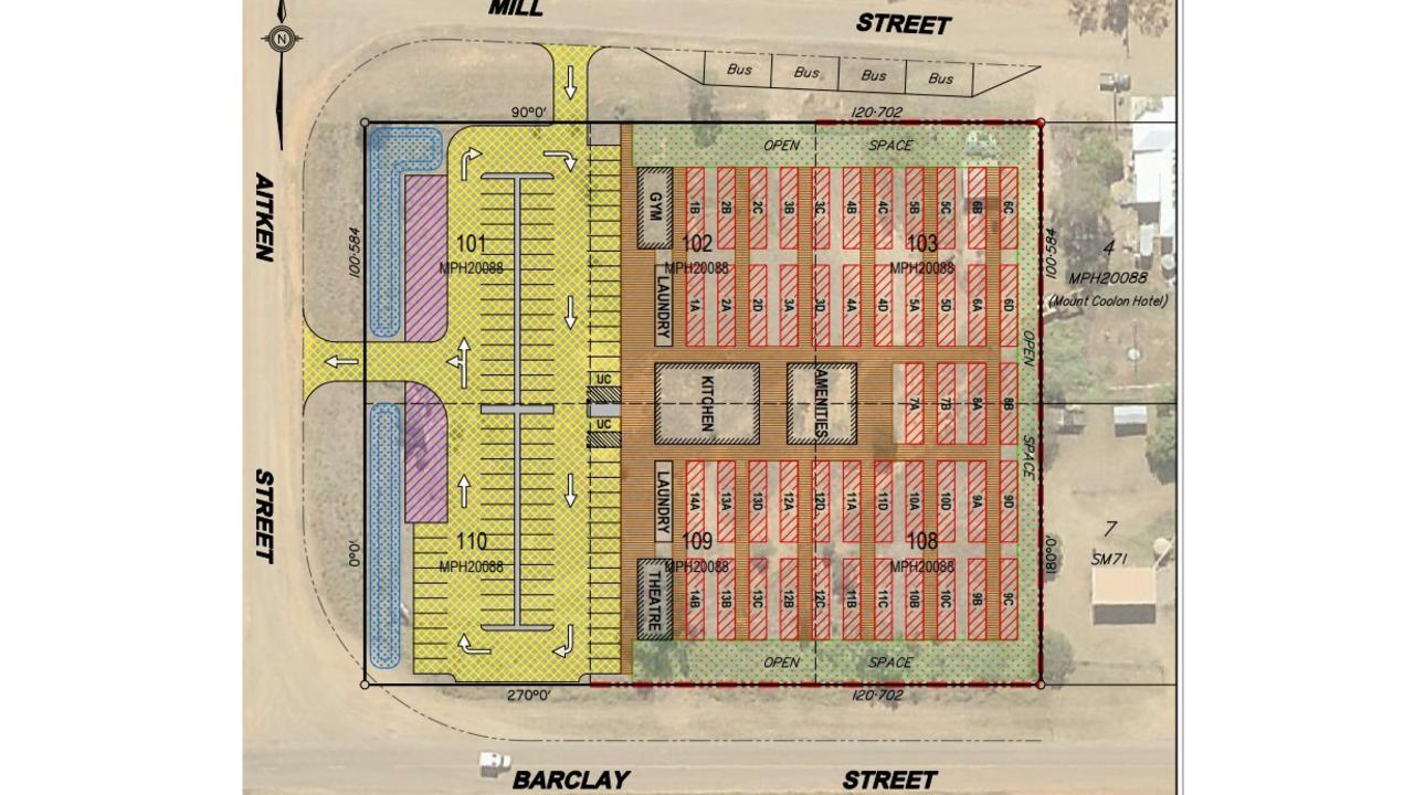 The proposed accommodation includes 48 demountable buildings set up across six lots on Barclay and Mill St, next to the Mount Coolon hotel.