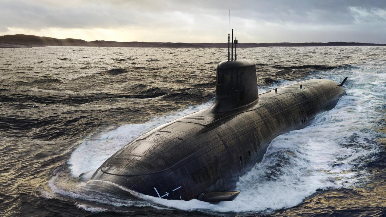 Artist's impression of the future SSN-AUKUS nuclear-powered submarine to be built in Australia using a UK design loaded with US tech. Picture: Defence/Supplied,