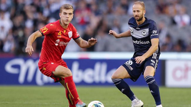 Riley McGree and Migjen Basha do battle. Picture: AAP Image/George Salpigtidis