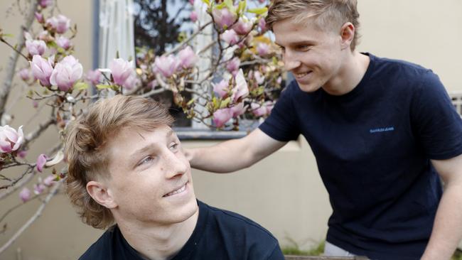 Twin brothers Matthew and Simon Dodds raise money for mental health to honour their friend Nick Munsie, 18, who died from suicide in June. Picture: Nikki Short