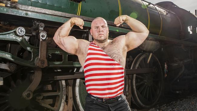 Adelaide strongman Jordan 'Biggie' Steffens pulls train. Picture: Simon Cross