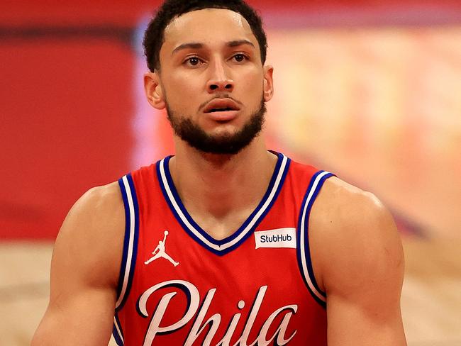 TAMPA, FLORIDA - FEBRUARY 21: Ben Simmons #25 of the Philadelphia 76ers shoots a free throw during a game against the Toronto Raptors at Amalie Arena on February 21, 2021 in Tampa, Florida. (Photo by Mike Ehrmann/Getty Images) NOTE TO USER: User expressly acknowledges and agrees that, by downloading and or using this photograph, User is consenting to the terms and conditions of the Getty Images License Agreement.