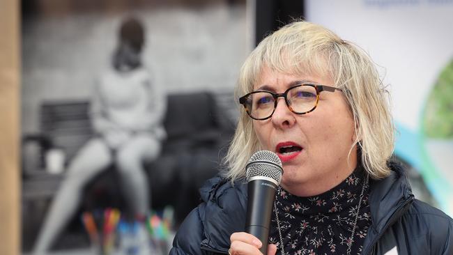 Shelter Tasmania chief executive officer Pattie Chugg speaking to media. Picture: Sam Rosewarne.