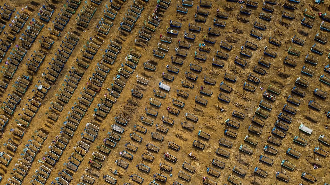 Aerial view showing graves in the Nossa Senhora Aparecida cemetery in Manaus, Brazil, which has been heavily affected by Covid. Picture: Michael Dantas//AFP