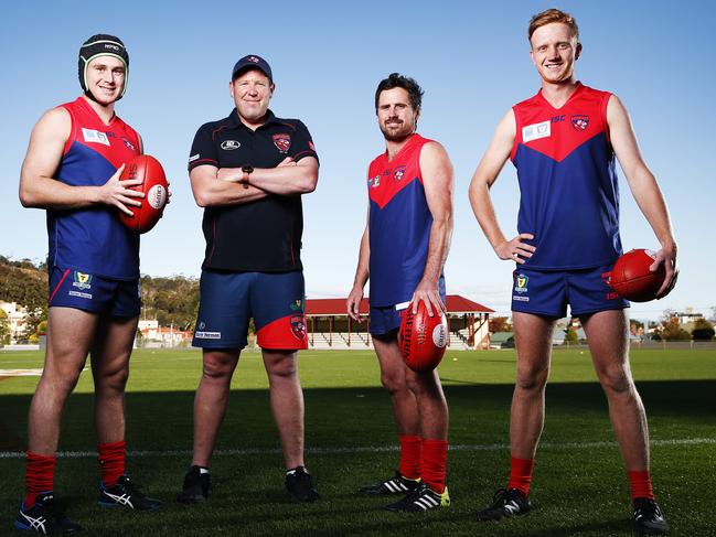 North Hobart coach Richard Robinson at North Hobart Oval with players LR Nathan McCulloch (captain), Troy Cunliffe and Callum Kilpatrick. Picture: Zak Simmonds