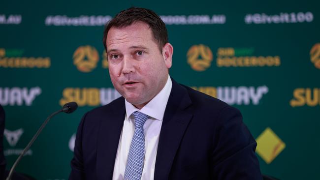 SYDNEY, AUSTRALIA - JANUARY 30: James Johnson speaks to the media during a press conference announcing the new Socceroos head coach at Dexus Place on January 30, 2023 in Sydney, Australia. (Photo by Hanna Lassen/Getty Images)