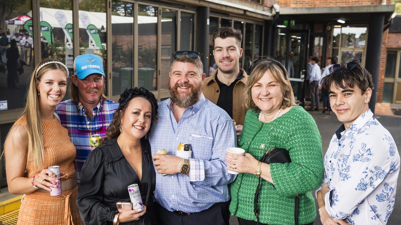 At 2023 Audi Centre Toowoomba Weetwood race day are (from left) Gabby Wooler, Cameron Bolton, Dee Cubis, Andy Cubis, Bevan Fry, Kelli Bolton and Kyle Cubis. Picture: Kevin Farmer