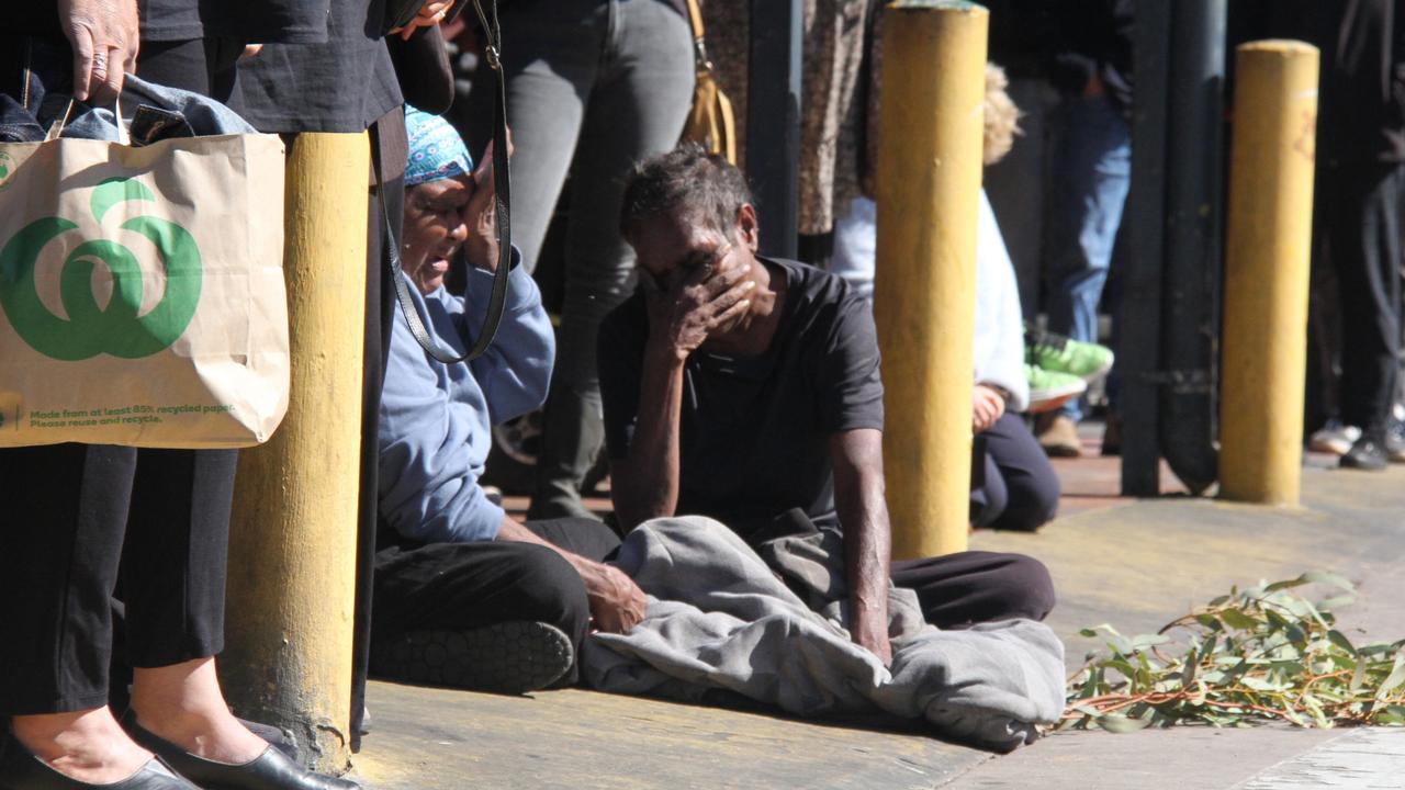 The mother and family of a 24-year-old man from Yuendumu at a vigil outside Coles in Alice Springs on May 30, 2025. The young man died in custody on May 27, 2025. Picture: Gera Kazkov