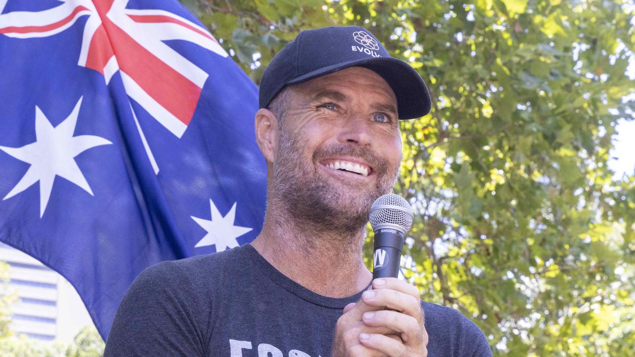 Evans during a protest against mandatory vaccinations in Sydney’s Hyde Park. Picture: NCA NewsWire