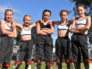 OPENING ACT: Opening for Justice Crew at its Roma performance on Saturday were Dance wEST03 hip hoppers (from left) Madi Hewitt, Isla Core, Charlee Shepherd, Phoebe Knight and Ada Jones. Picture: Ellen Ransley