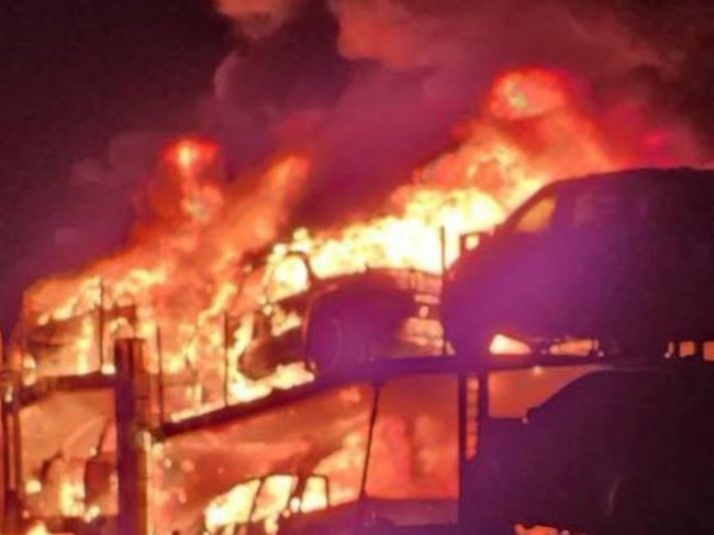 Four people have had a lucky escape after a fiery crash at Kingston on Murray in the Riverland.A car transporter burst into flames after colliding with a Mercedes van on the Sturt Highway.The 44-year-old truck driver from Victoria and his passenger, a 45-year-old man, sustained minor injuries while the driver and passenger of the van, an 80-year-old man and 73-year-old woman, both from Osborne, were also taken to hospital. Picture: 7NEWS