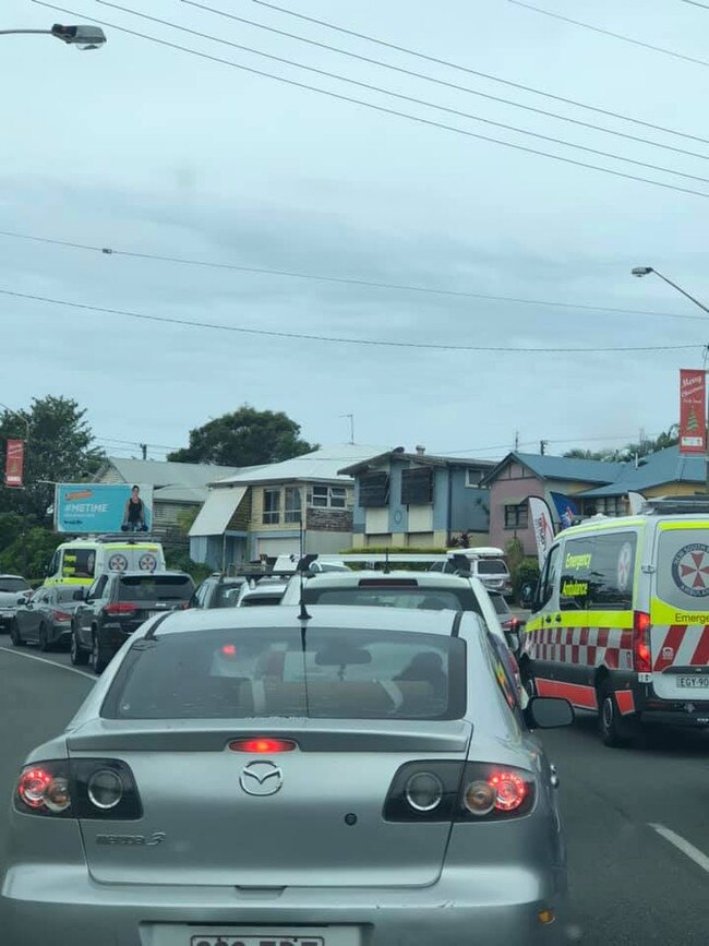 Ambulances are seen stuck in traffic on Wharf Street at the Tweed-Gold Coast border. Picture: Jody Wilcox