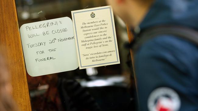 A sign at Pellegrini’s notifying patrons it would be closed for Sisto Malaspina’s funeral. Picture: Mark Stewart