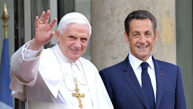 Pope Benedict XVI, left, flanked by French President Nicolas Sarkozy in 2008. Picture: AFP