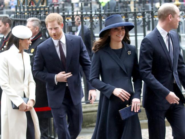 Meghan Markle, Prince Harry, Catherine, Duchess of Cambridge and Prince William, Duke of Cambridge at the Commonwealth Day service. Picture: Getty Images